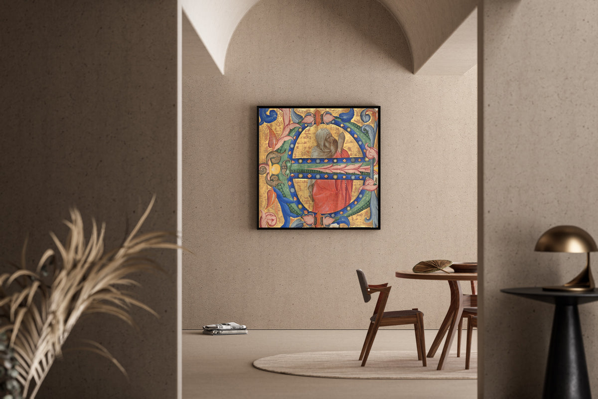 Framed art print of Praying Prophet by Lorenzo Monaco, in a sunlit dining corner