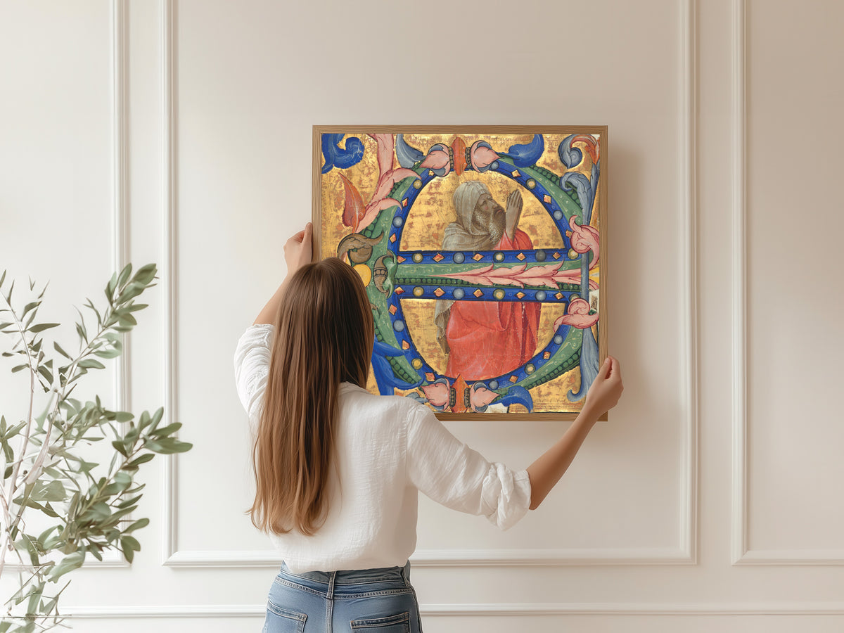 Framed art print of Praying Prophet by Lorenzo Monaco, hung on a panelled wall