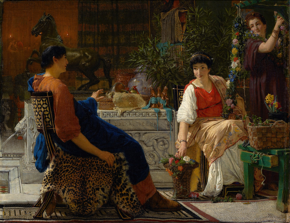 Preparations for the Festivities (The Floral Wreath) by Lawrence Alma-Tadema — Women weave a flower garland in a dim Roman interior