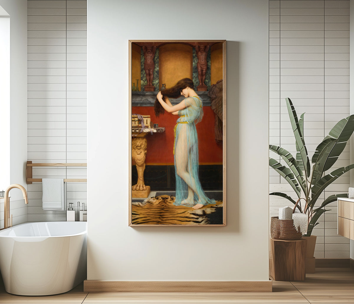 Framed art print of Preparing for the Bath by John William Godward, in a bathroom beside a freestanding tub
