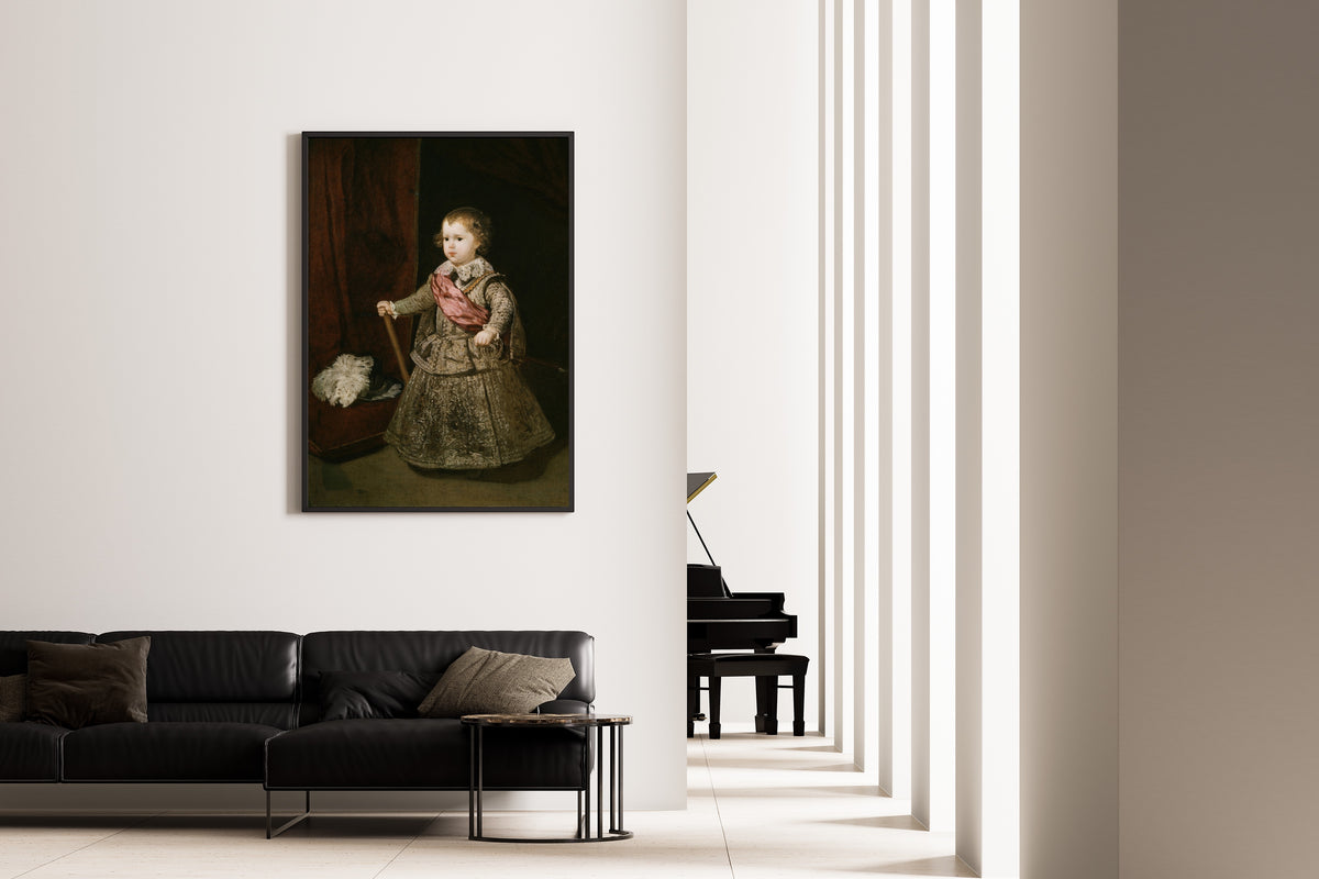 Framed art print of Prince Baltasar Carlos in Silver by Diego Velázquez, on the wall of a minimal living room