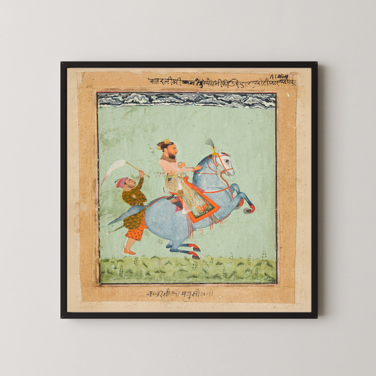 Mewar school — Prince Mathu Singh of Jatoli on a Blue Horse Riding to Udaipur | Indian Miniature Painting Print