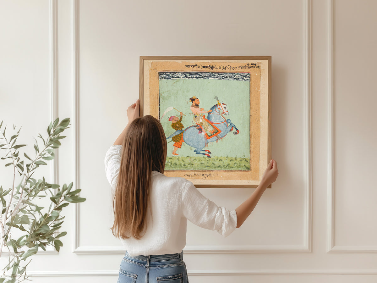 Mewar school — Prince Mathu Singh of Jatoli on a Blue Horse Riding to Udaipur | Indian Miniature Painting Print