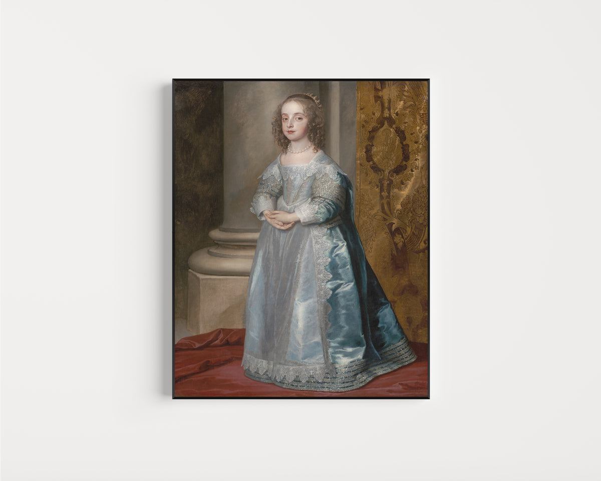 Framed art print of Princess Mary, Daughter of Charles I by Anthony van Dyck, in a slim black frame on a plain white wall
