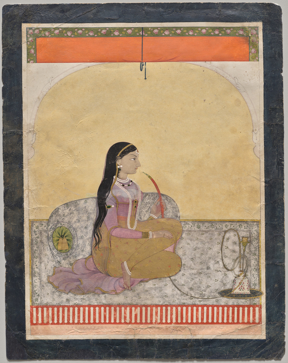 Princess Smoking a Hookah by Pahari school — A long-haired woman sits against a bolster, a hookah stem to her lips