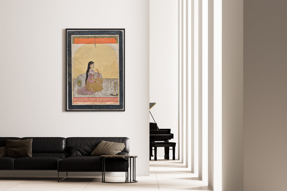 Framed art print of Princess Smoking a Hookah by Pahari school, on the wall of a minimal living room