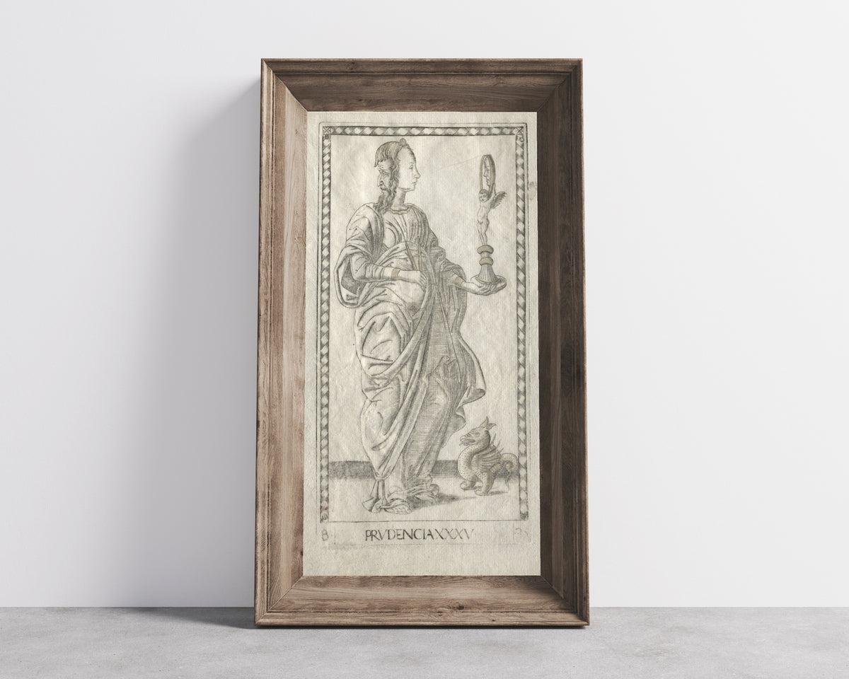 Framed art print of Prudence (from the Tarocchi, Series B: Cosmic… by Master of the E-Series Tarocchi, in a wide wooden frame leaning against a concrete wall