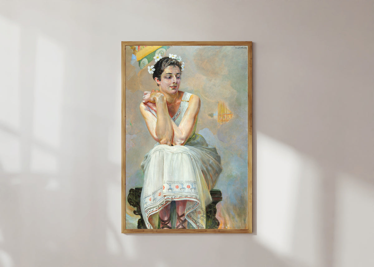 Framed art print of Pythia by Jacek Malczewski, in a light wood frame on a sunlit white wall