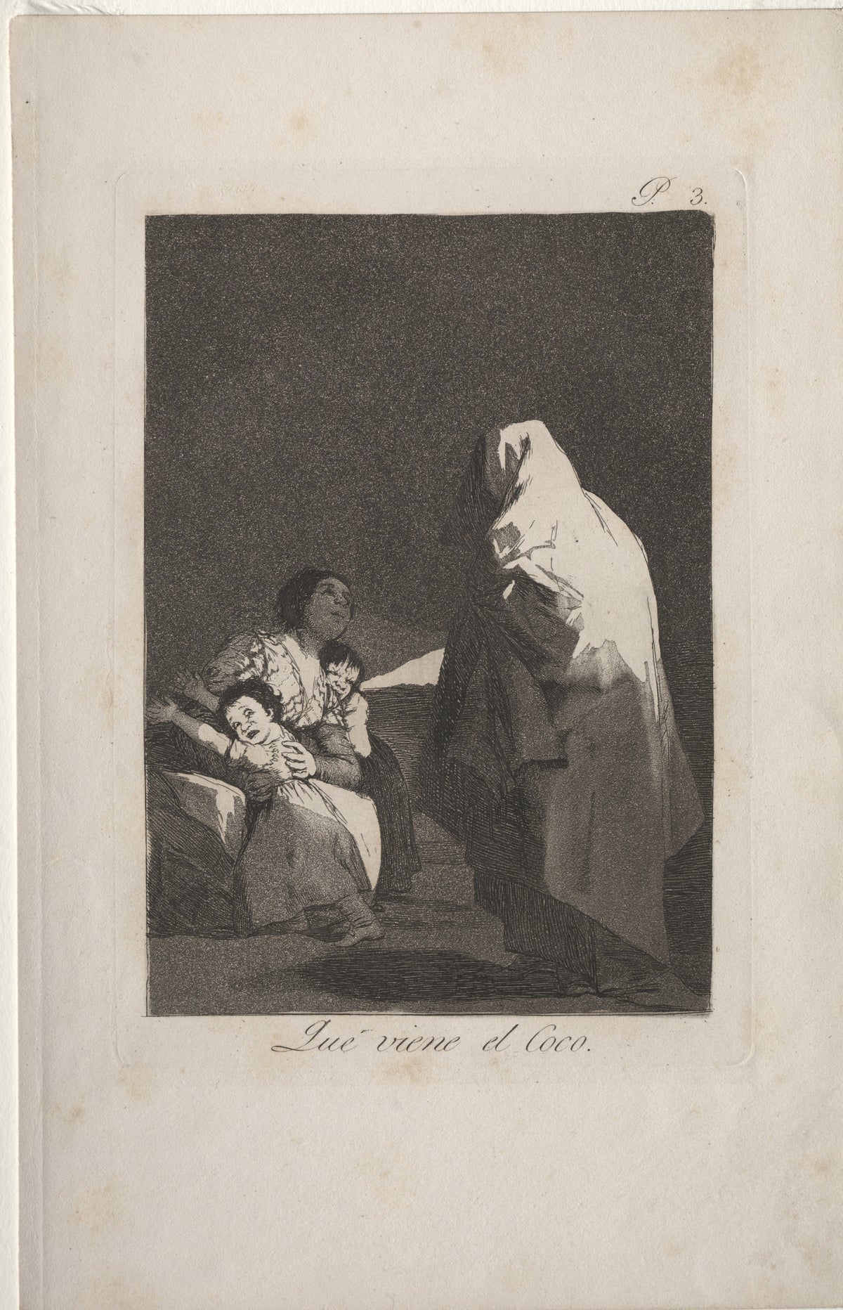Que viene el Coco (Here Comes the Bogeyman), Los Caprichos, Plate 3 by Francisco de Goya — A shrouded figure looms over a woman and two terrified children
