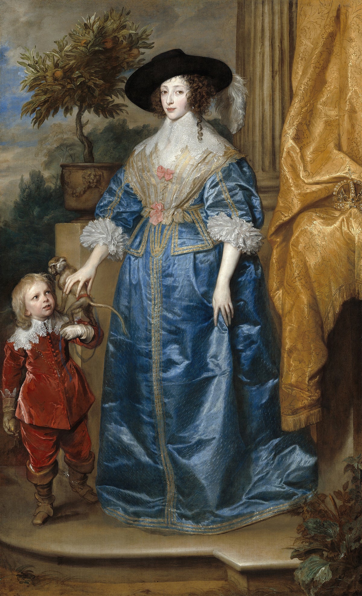 Queen Henrietta Maria with Sir Jeffrey Hudson by Anthony van Dyck — A queen in blue satin rests her hand on a monkey on a courtier's arm
