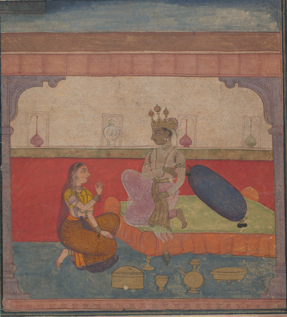 Radha Speaks to Krishna by Amber school — A crowned man and a kneeling woman in conversation on a couch