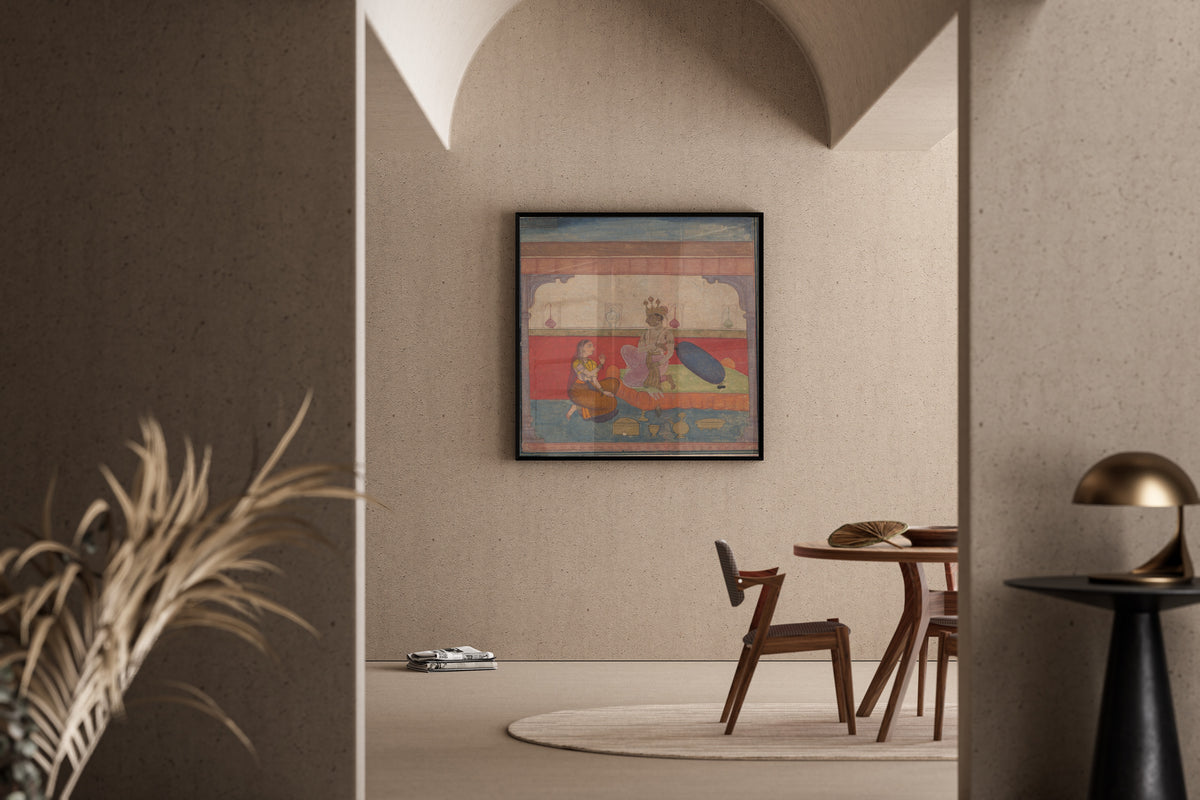 Framed art print of Radha Speaks to Krishna by Amber school, in a sunlit dining corner
