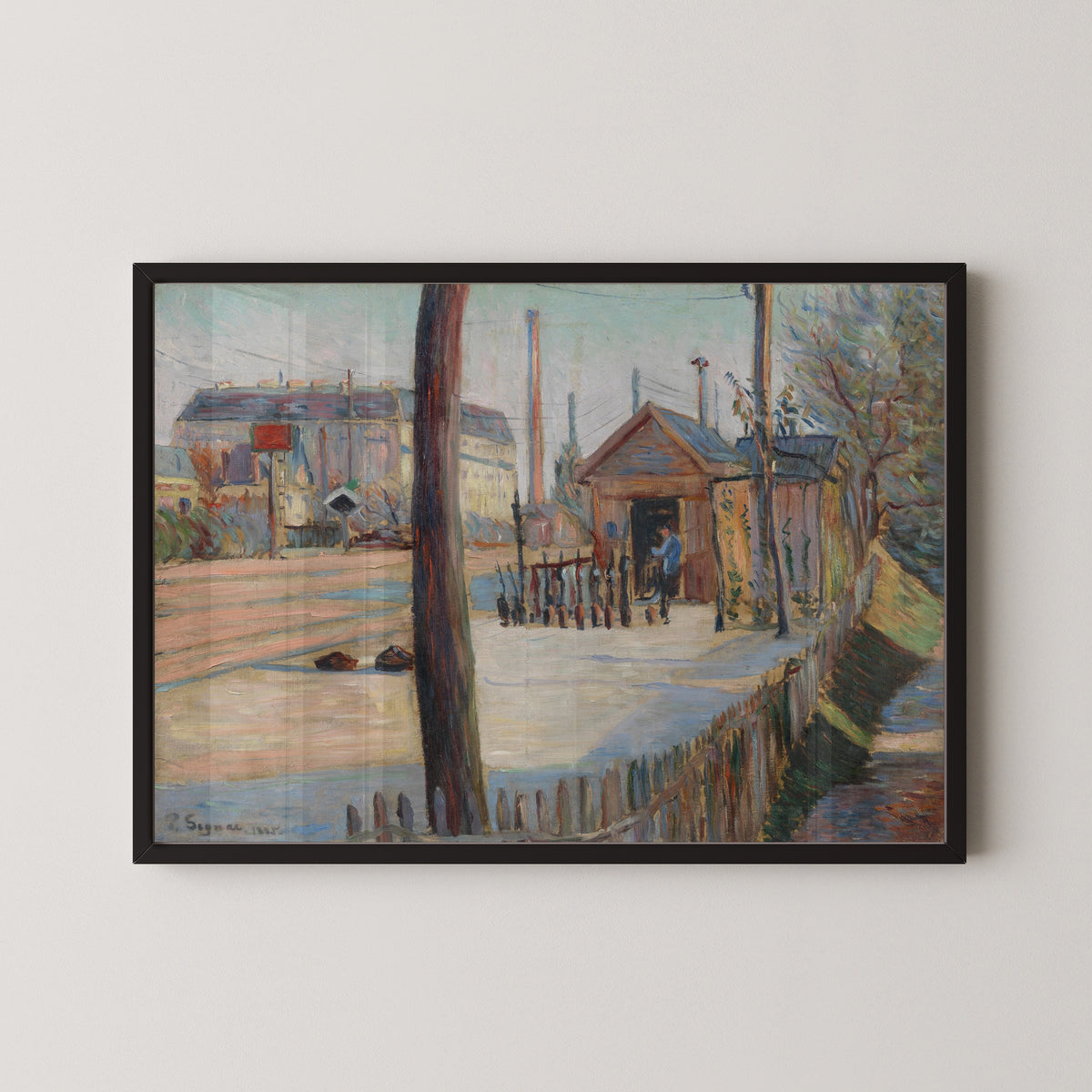 Framed art print of Railway Junction near Bois-Colombes by Paul Signac, in a black frame on a pale wall
