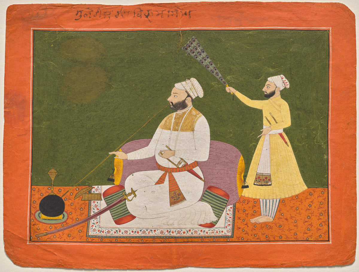 Raja Bikram Singh of Guler Smoking a Hookah by Pahari school — A raja smokes on a lilac bolster, a peacock fan held above him