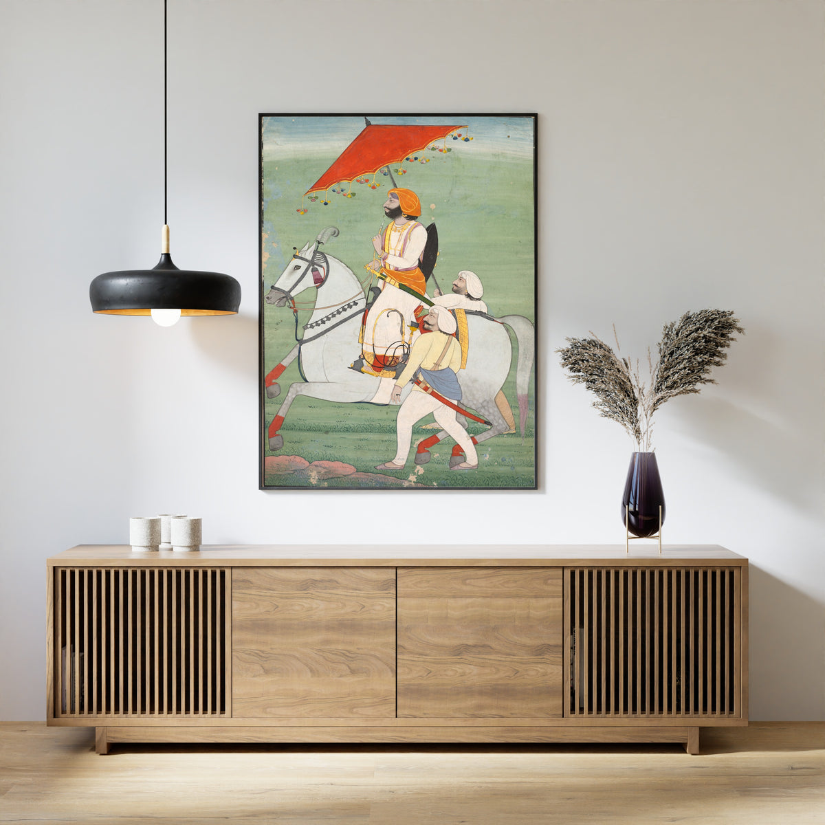 Framed art print of Raja Gulab Singh (1792–1857) of Jammu and Kashmir by Pahari school, above a slatted wood sideboard