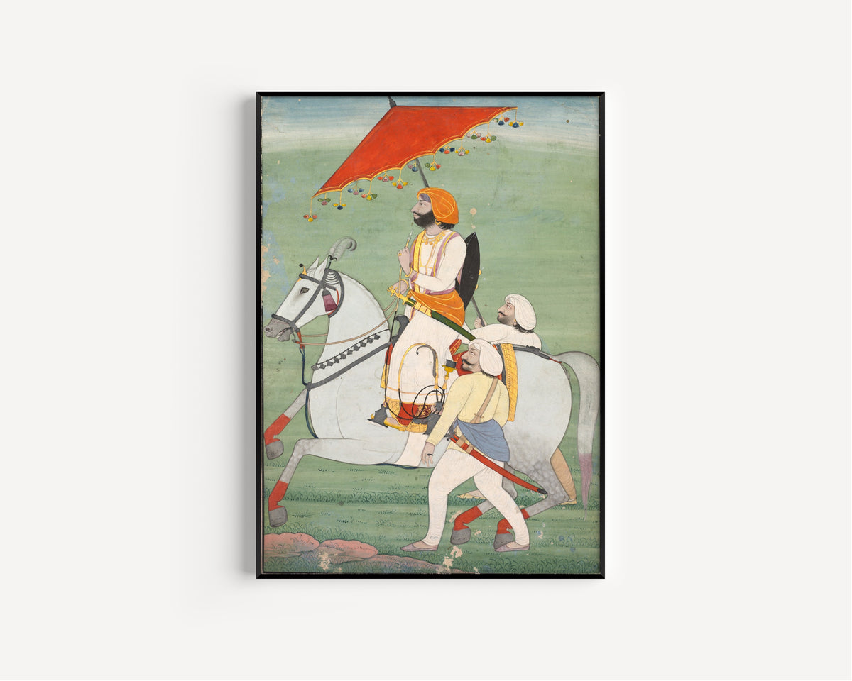 Framed art print of Raja Gulab Singh (1792–1857) of Jammu and Kashmir by Pahari school, in a slim black frame on a plain white wall