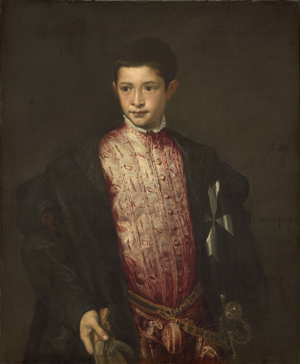 Ranuccio Farnese by Titian — A boy in a rose doublet and a black cloak marked with a white cross