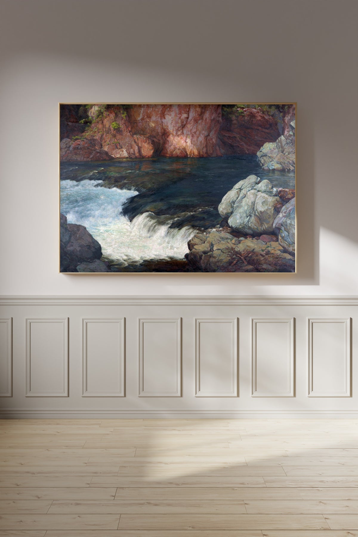 Framed art print of Rapids (1910) by Hiroshi Yoshida, on a panelled wall in afternoon light
