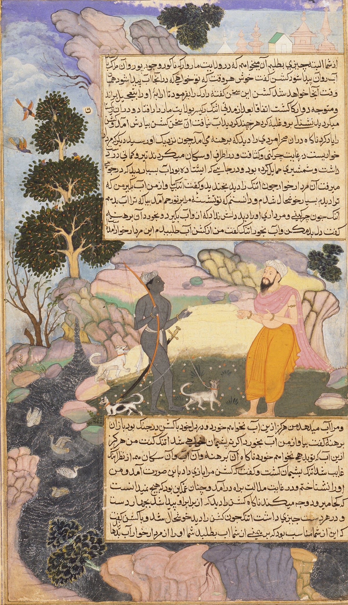 Razmnama: The Brahman Uttanka Meets Indra, Disguised as an Outcast Chandala by Qasim — A bearded sage meets a grey-skinned hunter with a bow and three dogs