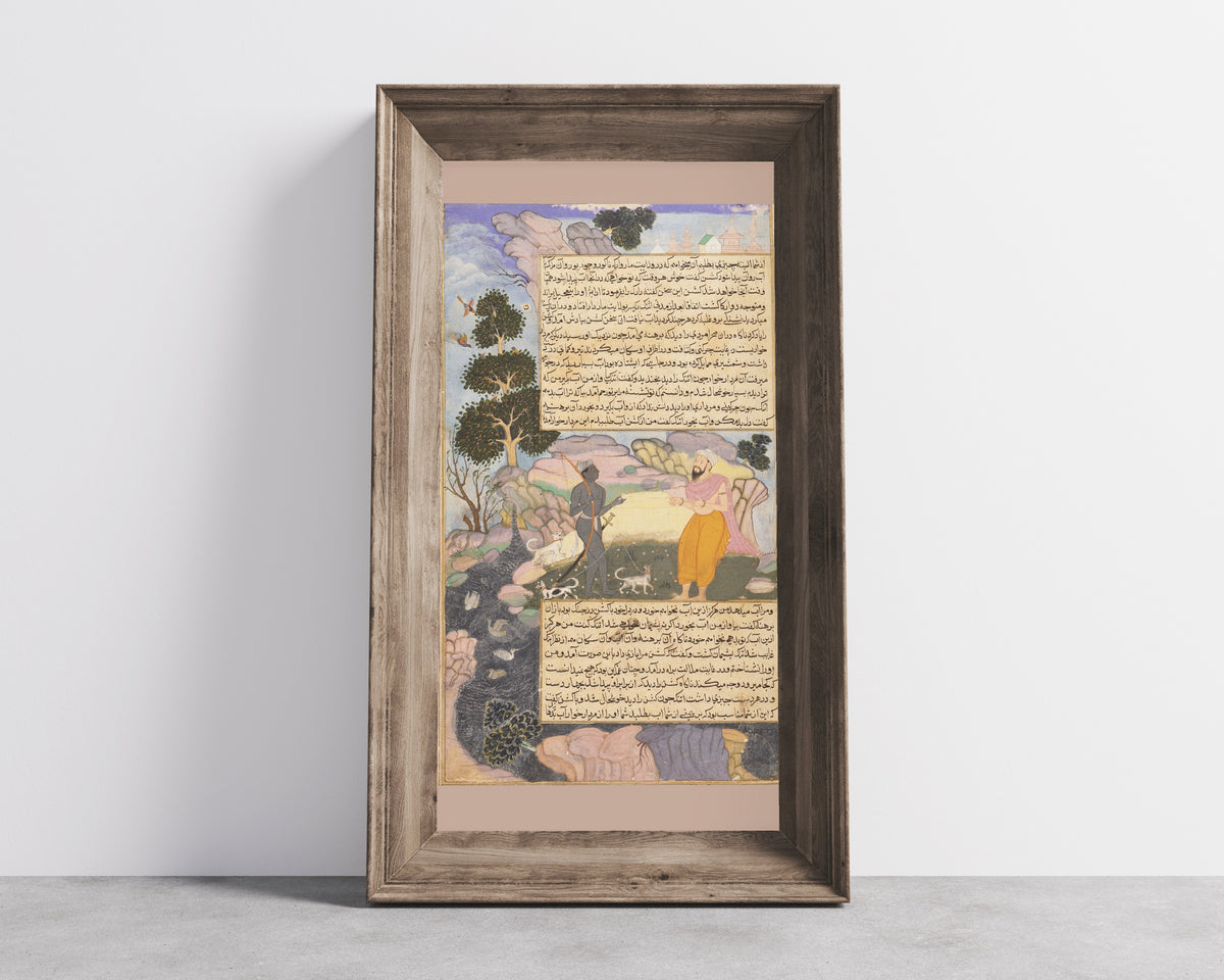 Framed art print of Razmnama: The Brahman Uttanka Meets Indra, Disguised as an Outcast Chandala by Qasim, in a wide wooden frame leaning against a concrete wall