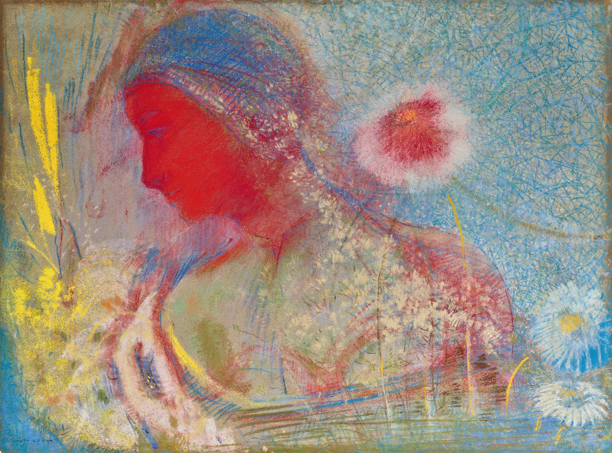 Odilon Redon — Red Head of a Woman Surrounded by Germinating Flowers | Symbolist Art Print
