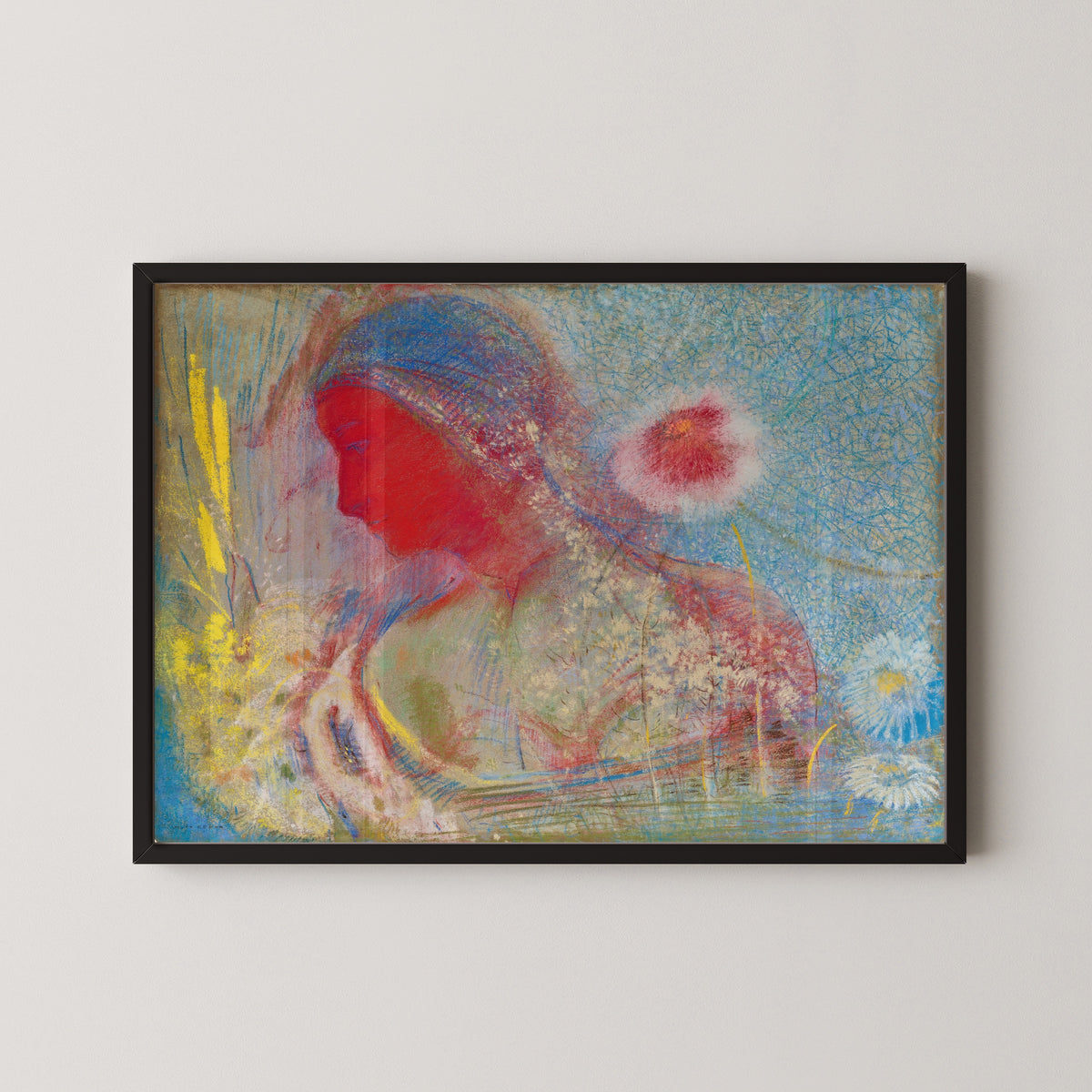 Odilon Redon — Red Head of a Woman Surrounded by Germinating Flowers | Symbolist Art Print