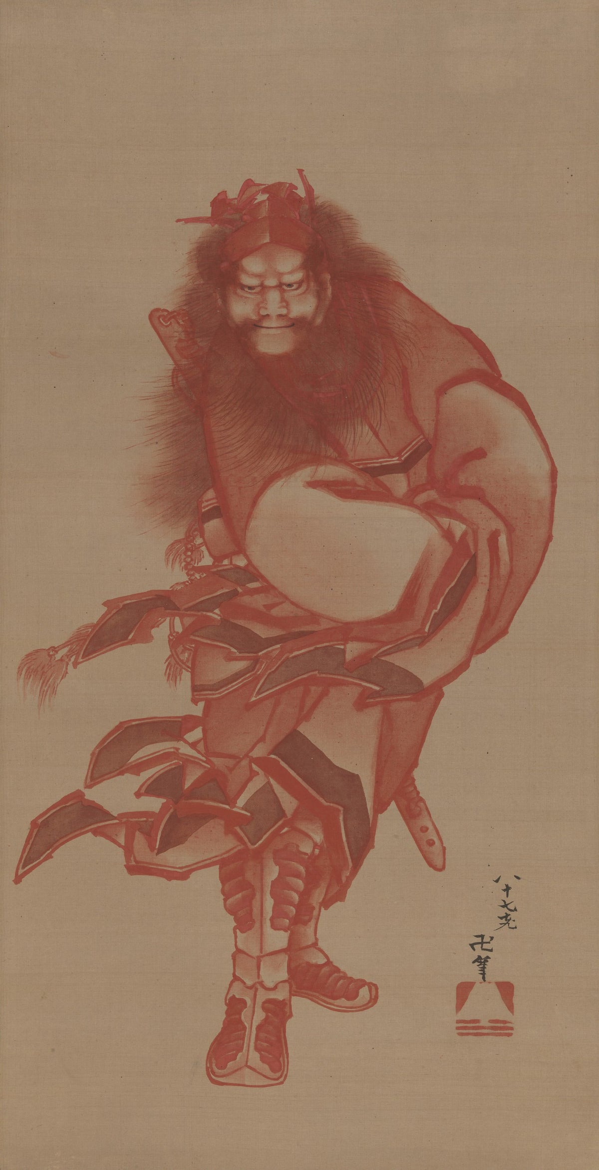 Red Zhong Kui, the Demon Queller by Katsushika Hokusai — A bearded warrior in red-washed armour strides across plain silk