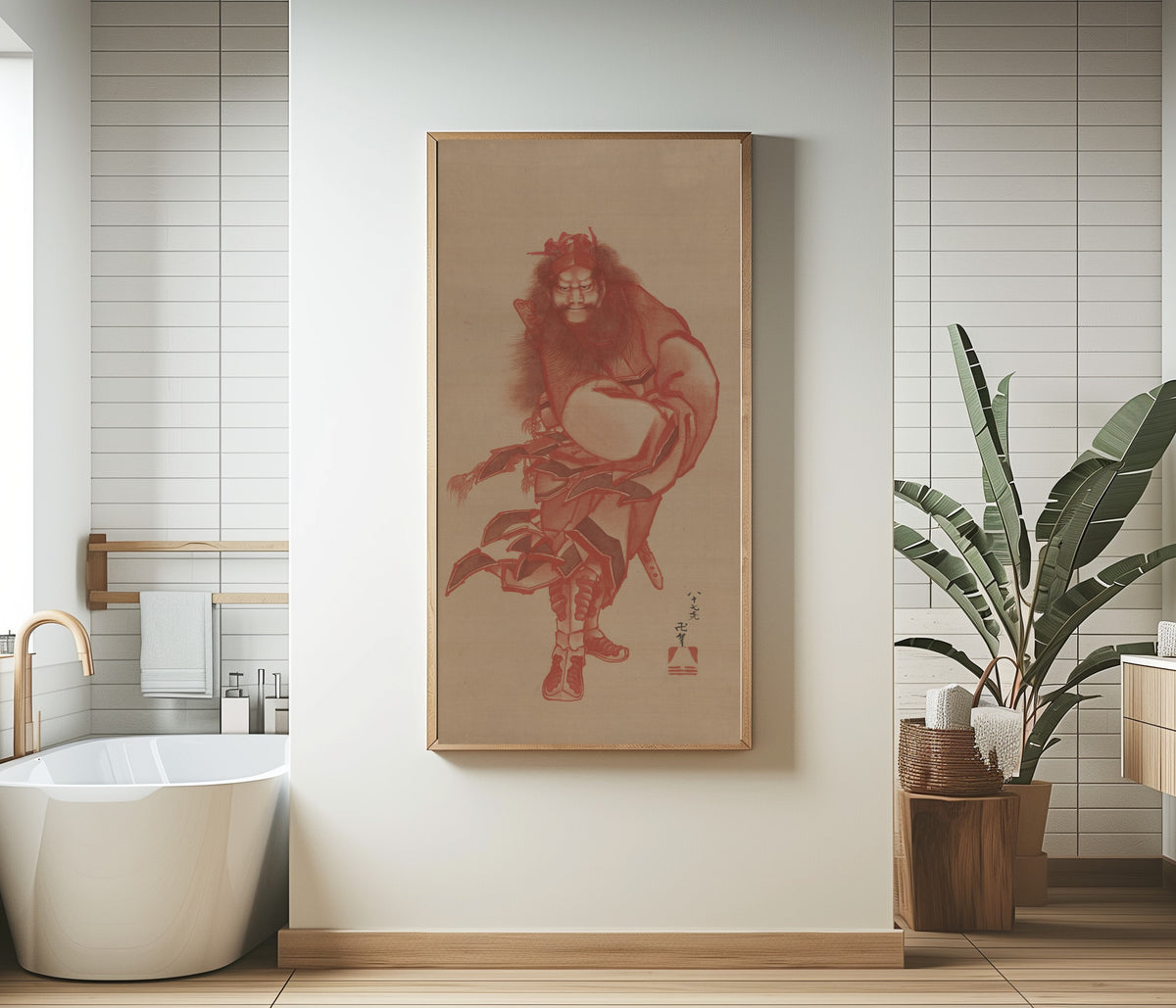 Framed art print of Red Zhong Kui, the Demon Queller by Katsushika Hokusai, in a bathroom beside a freestanding tub