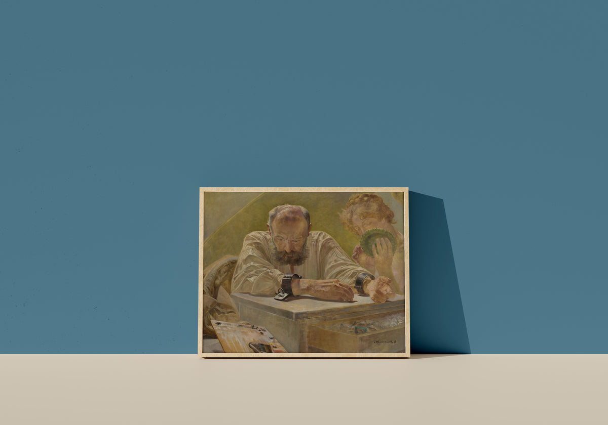 Framed art print of Relaxation (Rest) by Jacek Malczewski, in a light wood frame leaning on a blue wall