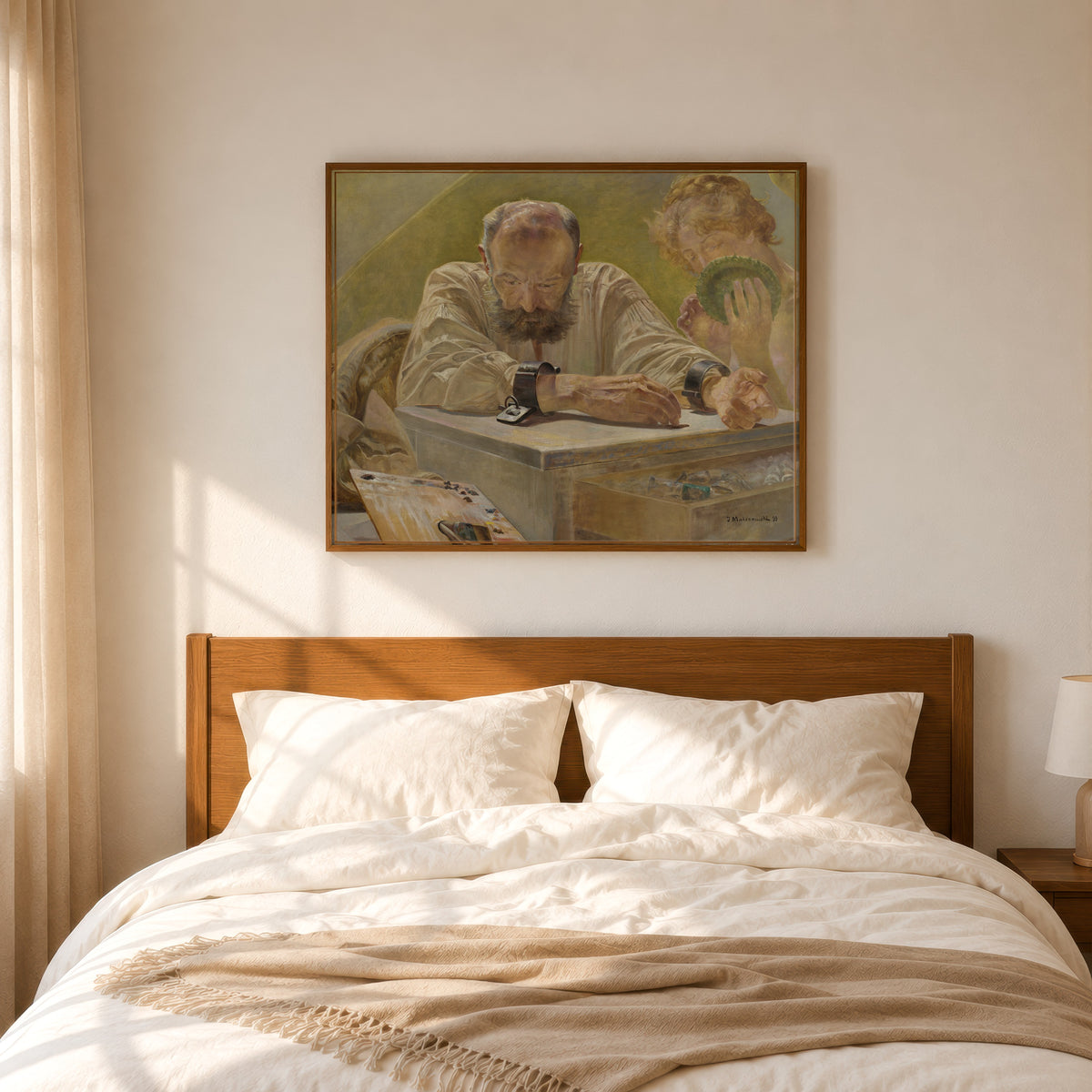 Framed art print of Relaxation (Rest) by Jacek Malczewski, in a slim wood frame above a bed in a sunlit bedroom