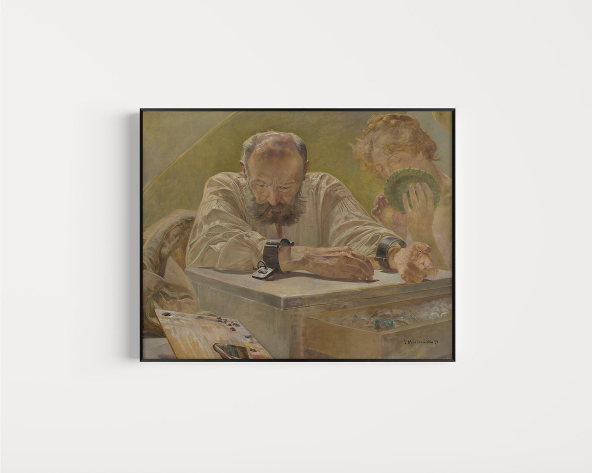 Framed art print of Relaxation (Rest) by Jacek Malczewski, in a slim black frame on a plain white wall
