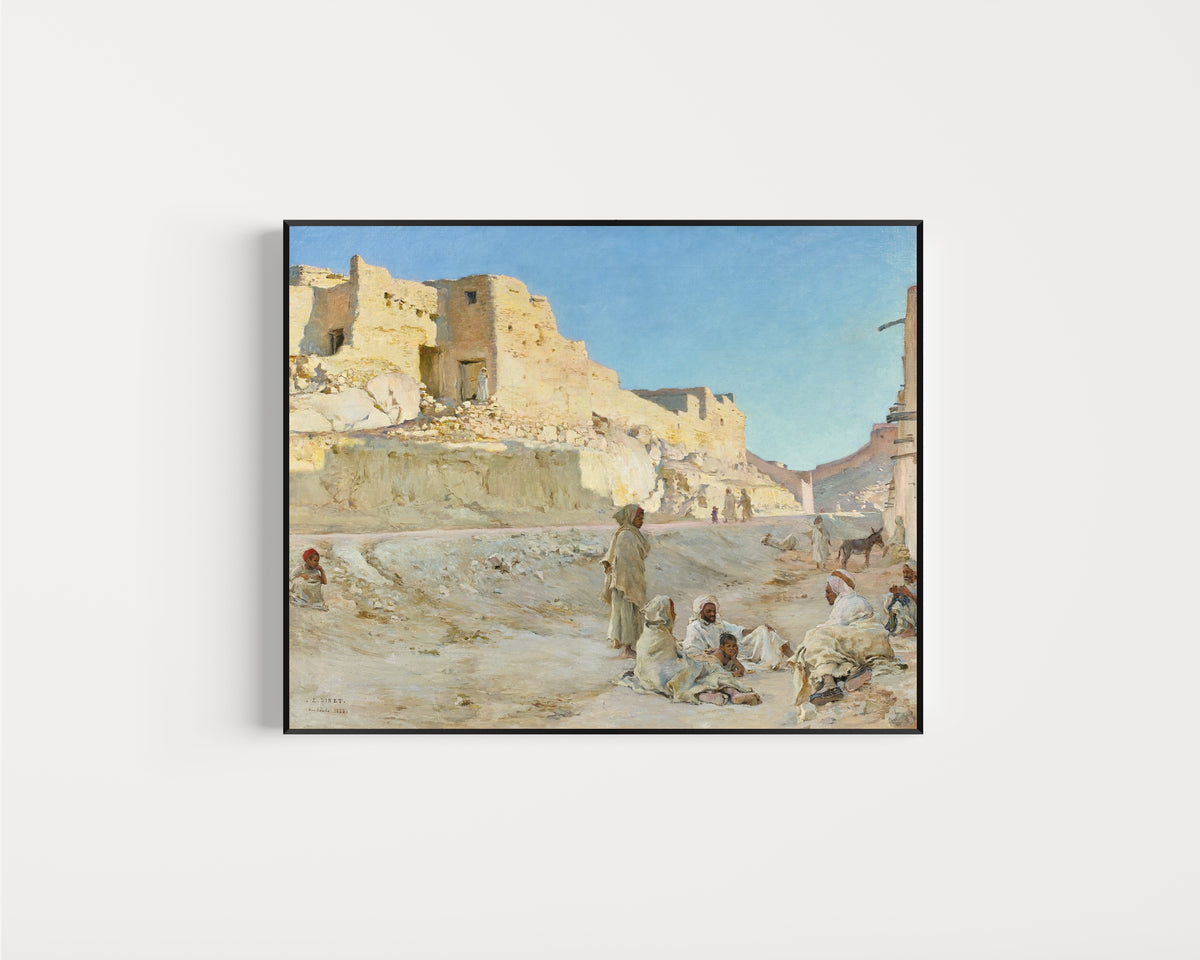 Framed art print of Repos à l'ombre, Bou Saâda by Étienne Dinet, in a slim black frame on a plain white wall