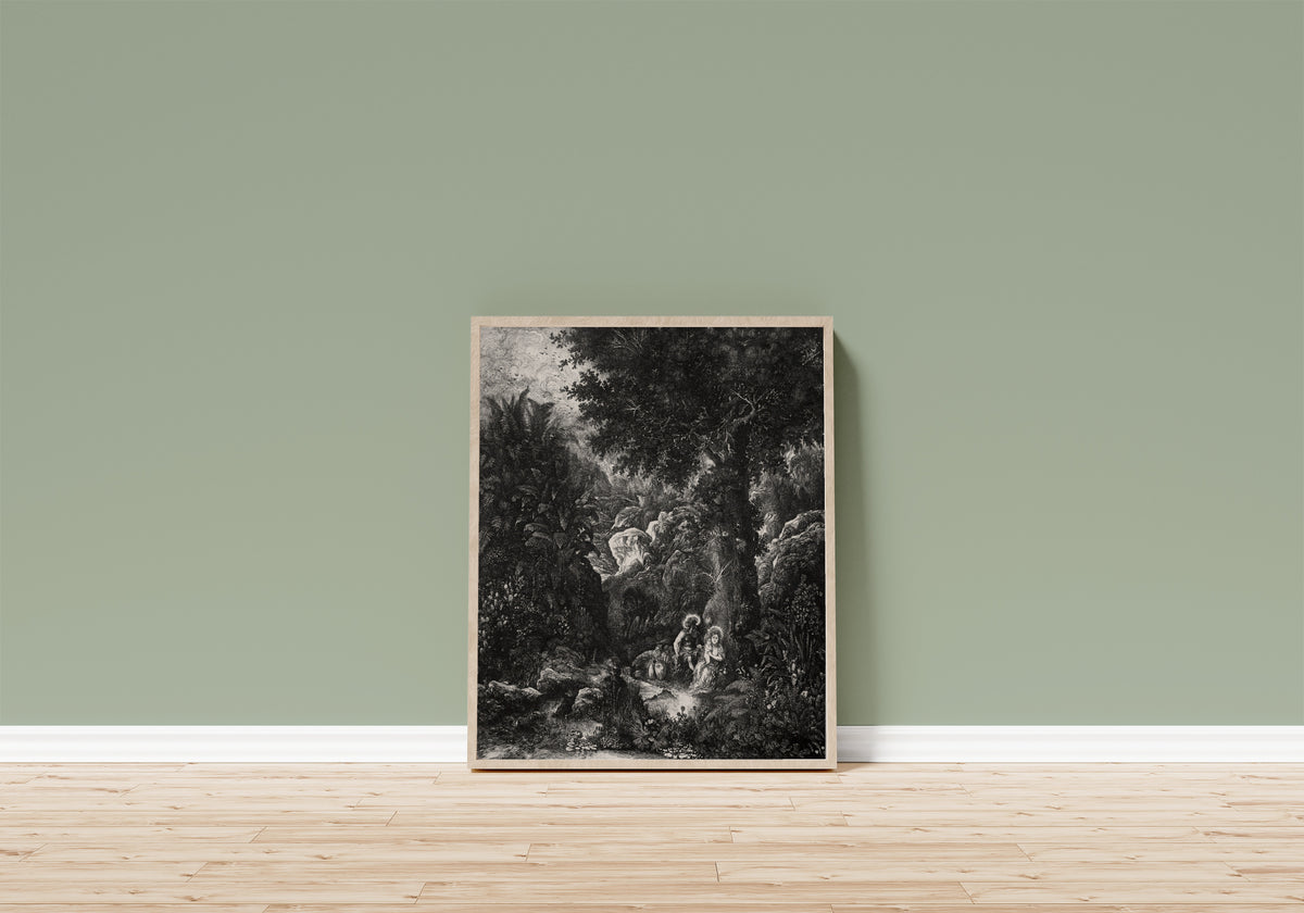 Framed art print of Rest on the Flight into Egypt with a Saddled… by Rodolphe Bresdin, in a light wood frame leaning on a sage green wall above a wooden floor