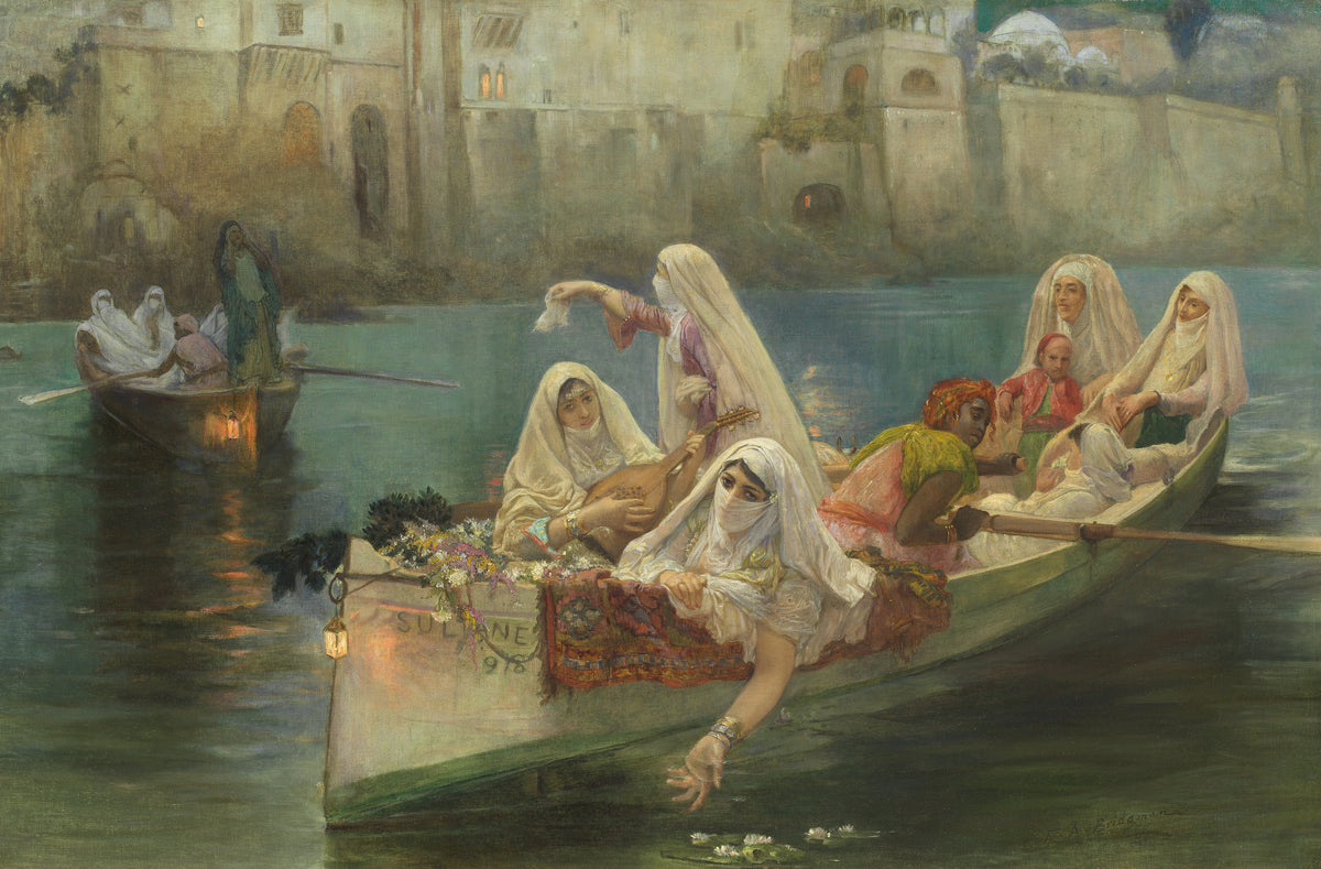 Return from the Festival, Algiers by Frederick Arthur Bridgman — Veiled women drift home by boat beneath the walls of Algiers