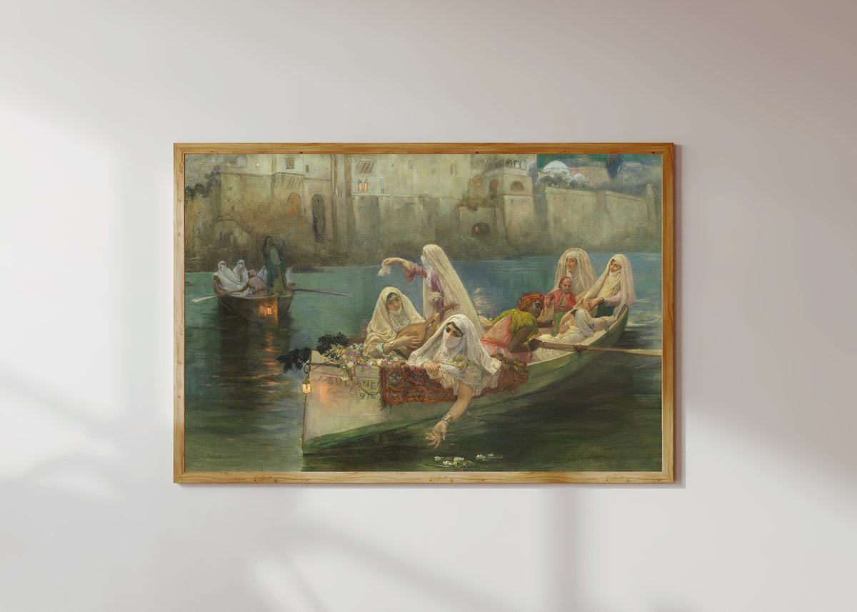 Framed art print of Return from the Festival, Algiers by Frederick Arthur Bridgman, in a light wood frame on a sunlit white wall