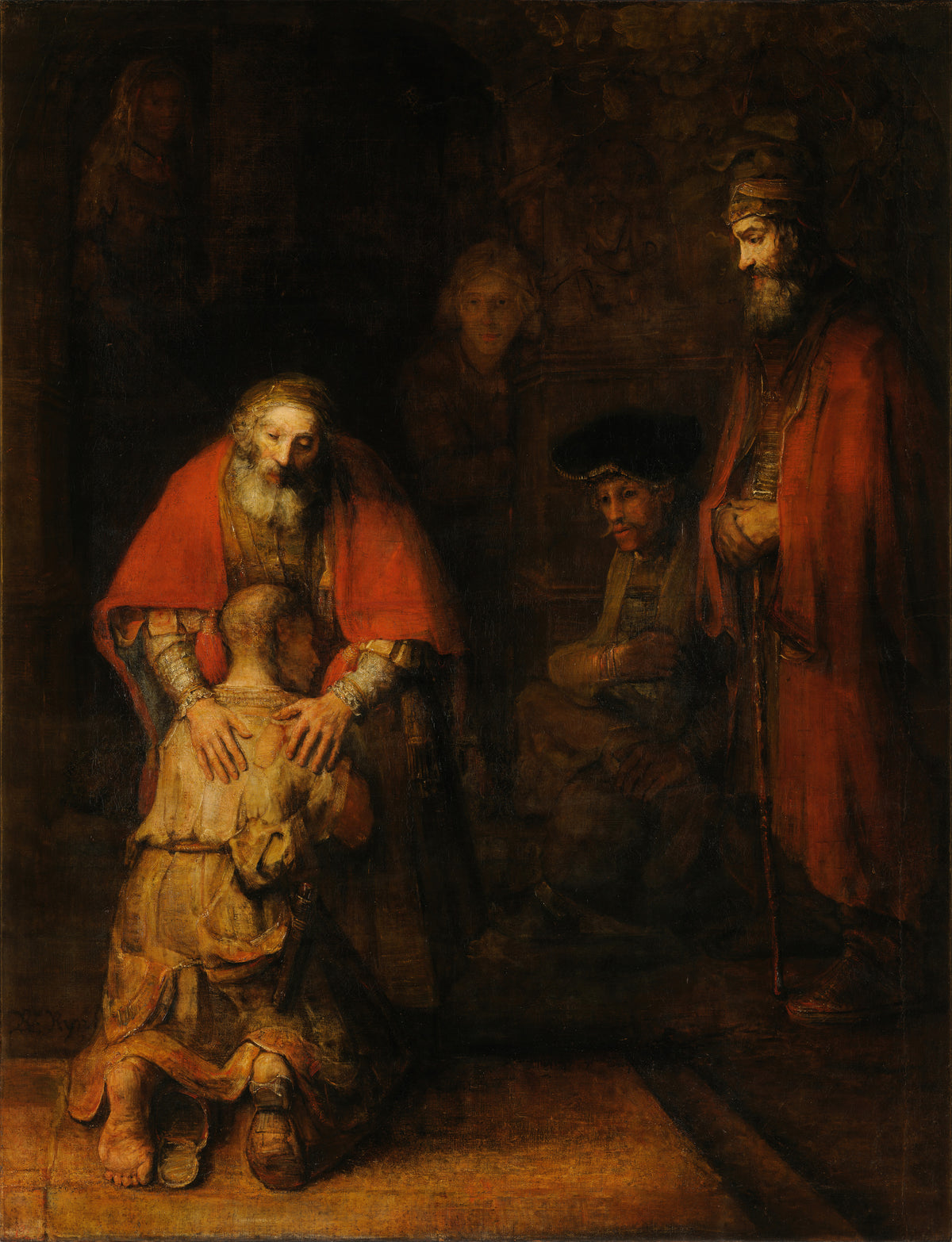 Return of the Prodigal Son by Rembrandt van Rijn — A father in a red cloak lays his hands on a kneeling son's back
