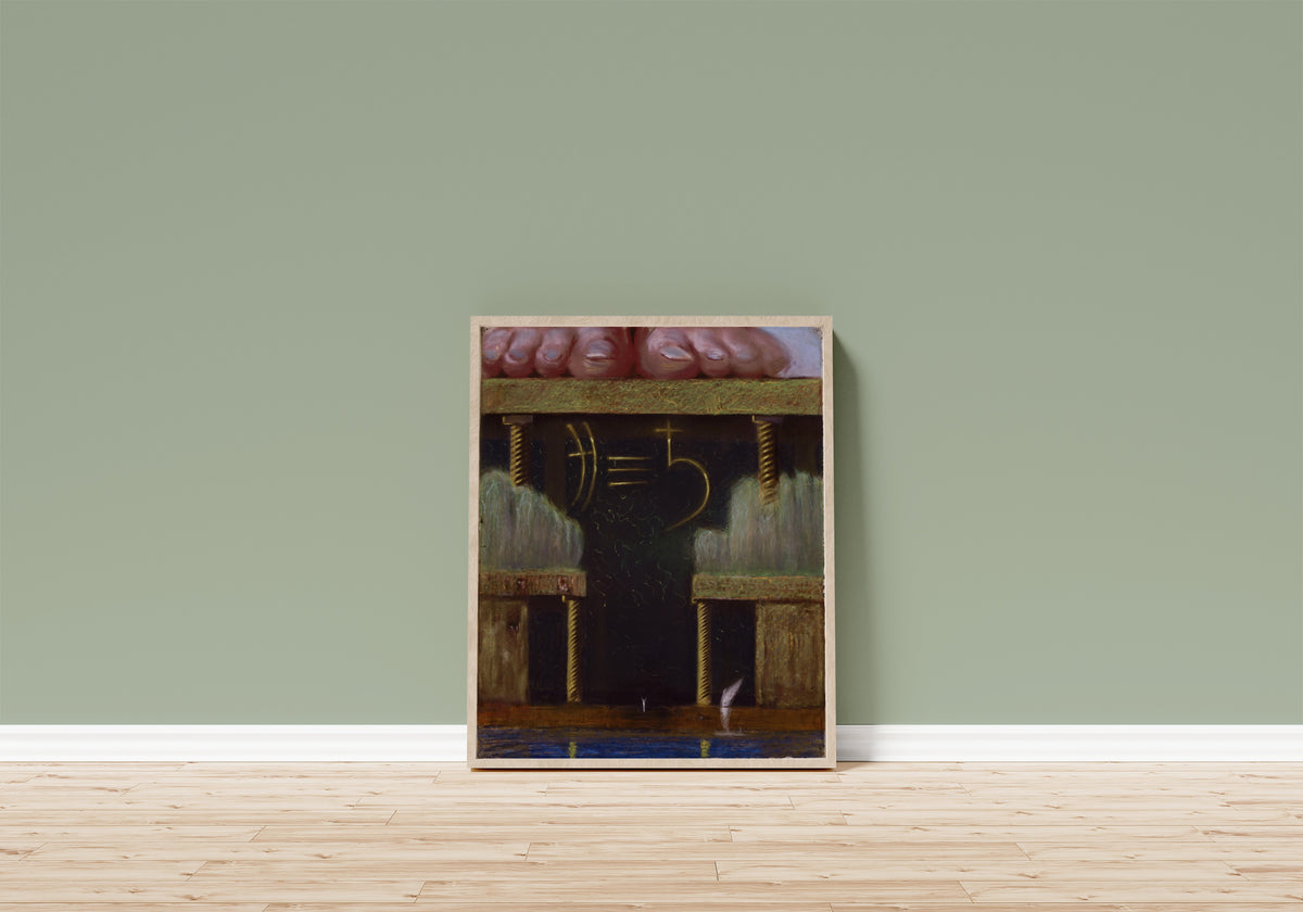 Framed art print of Rex by Mikalojus Konstantinas Čiurlionis, in a light wood frame leaning on a sage green wall above a wooden floor