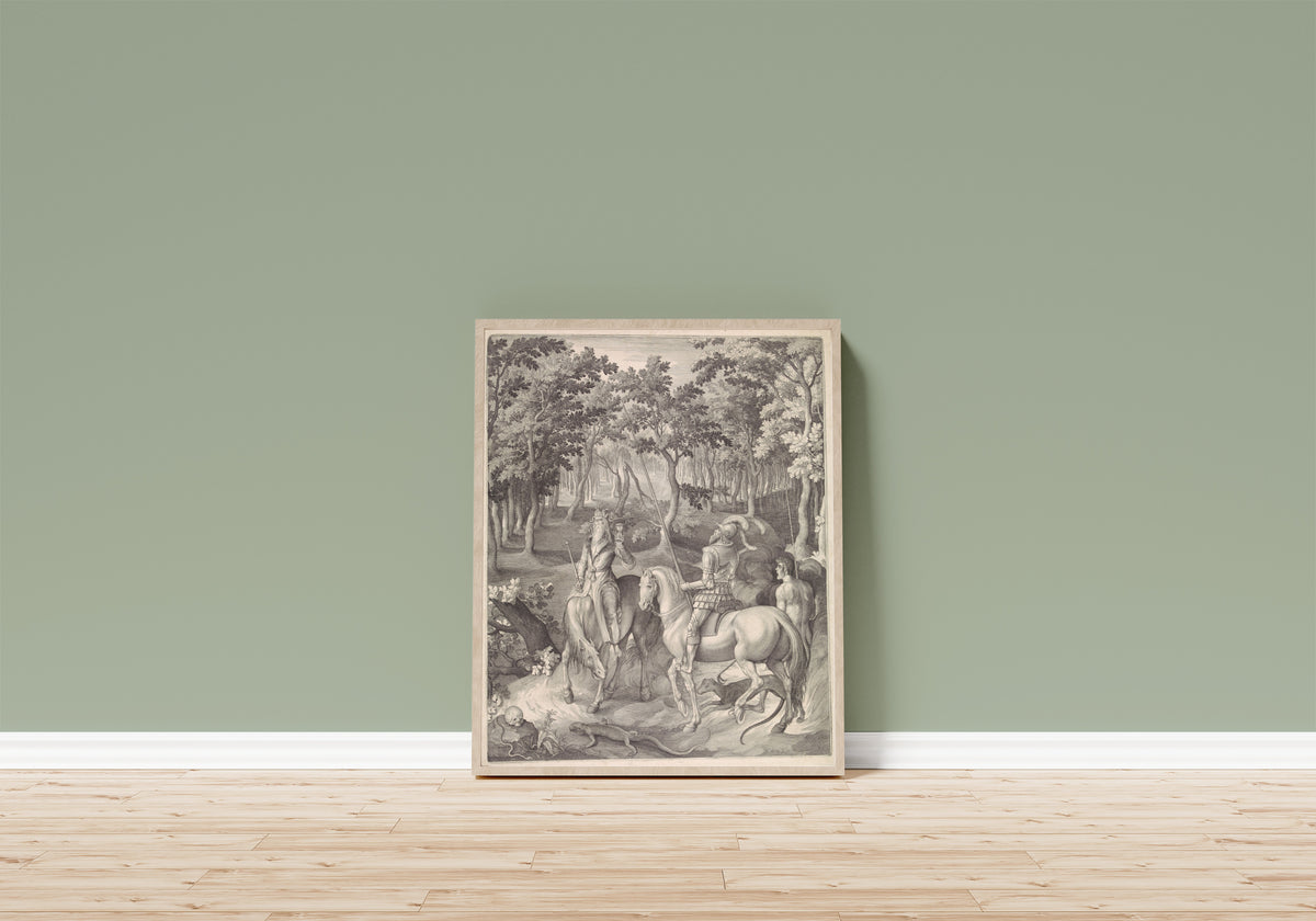 Framed art print of Ridder, Dood en Duivel by Nicolaes de Bruyn, in a light wood frame leaning on a sage green wall above a wooden floor