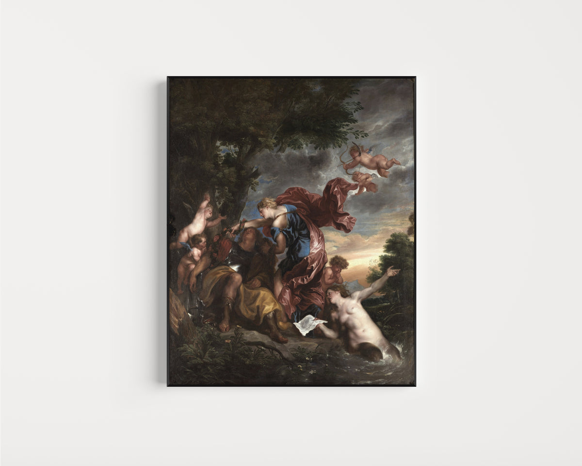 Framed art print of Rinaldo and Armida by Anthony van Dyck, in a slim black frame on a plain white wall