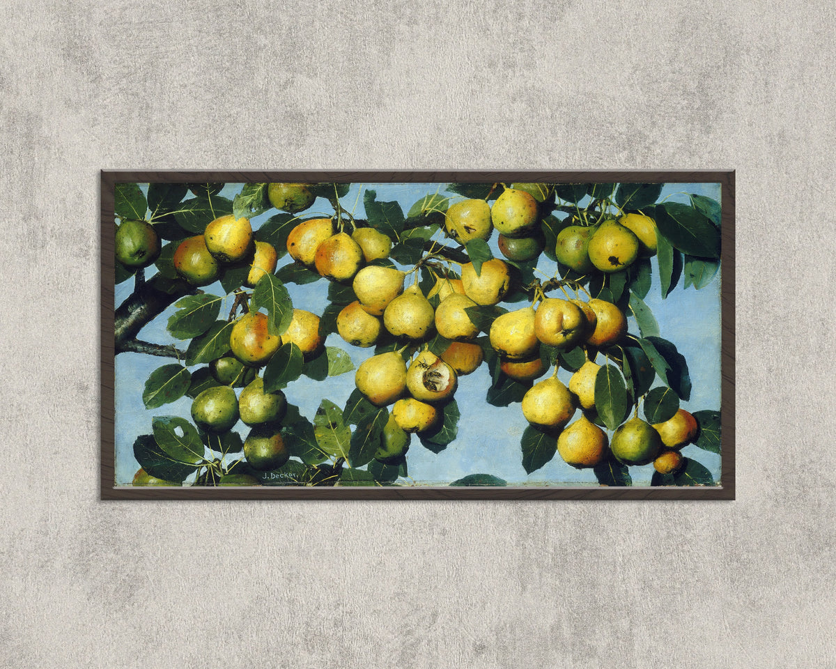 Ripening Pears by Joseph Decker — in a wide black frame on a concrete wall