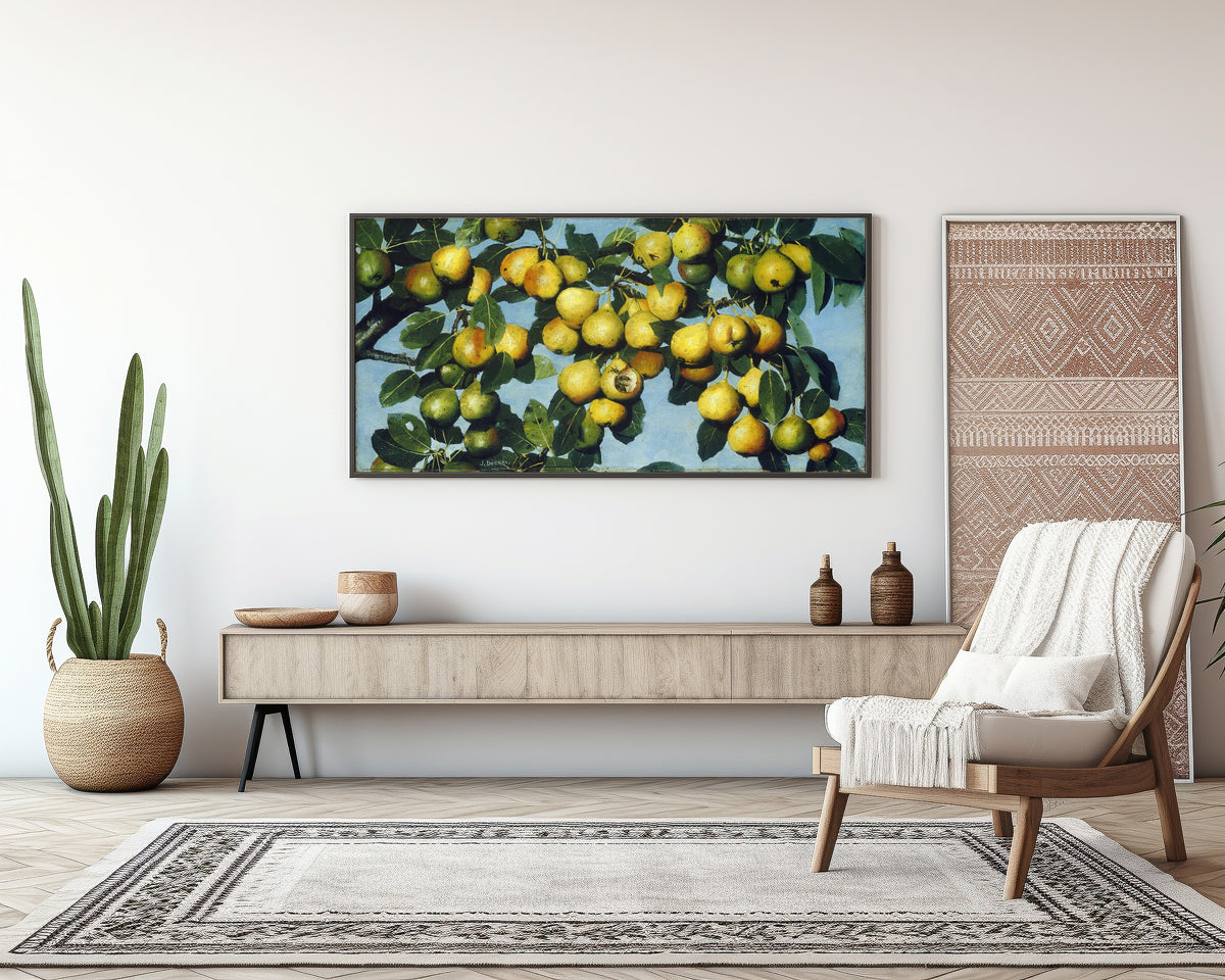 Ripening Pears by Joseph Decker — framed above a sideboard in a living room