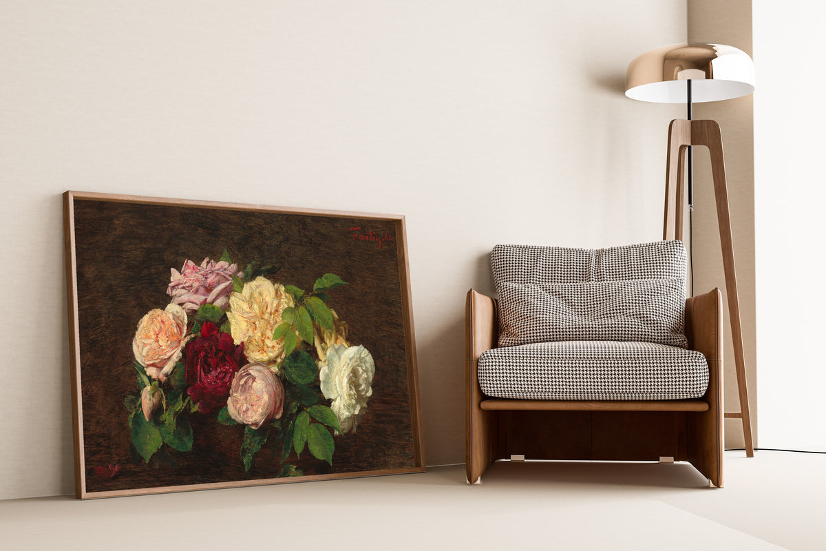 Roses de Nice on a Table by Henri Fantin-Latour — framed and leaning against a wall beside an armchair and a floor lamp