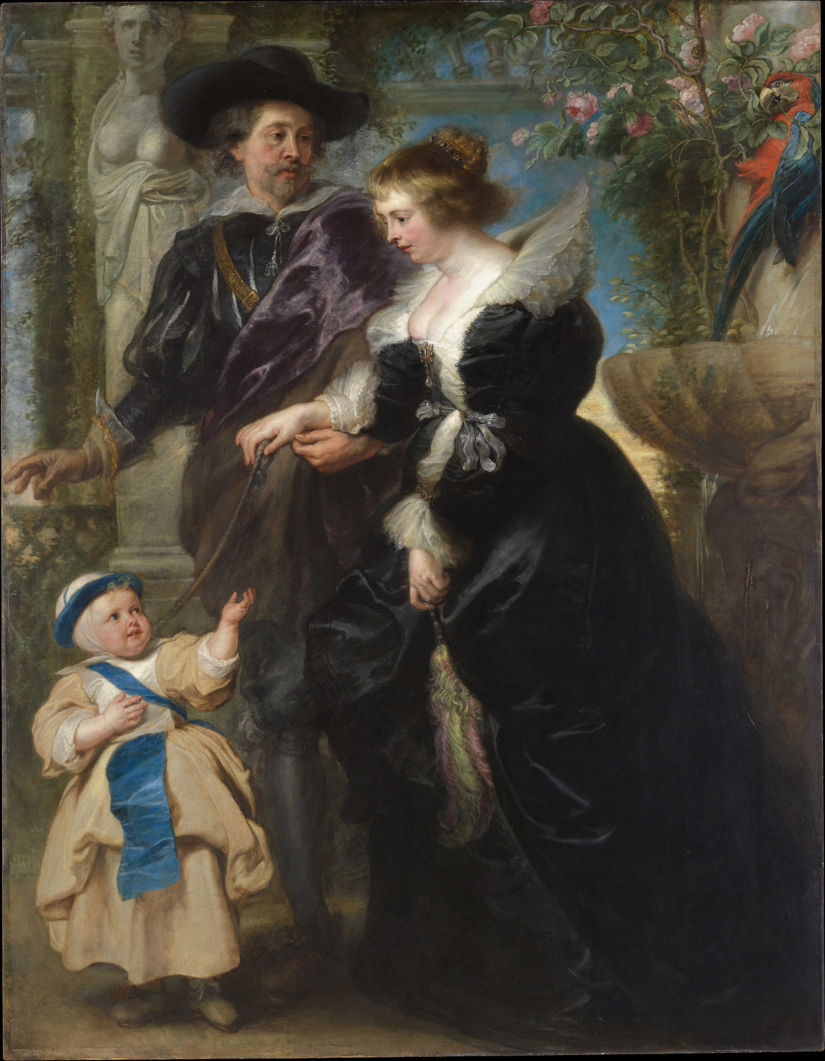 Rubens, Helena Fourment, and Their Son Frans by Peter Paul Rubens — A couple stand arm in arm in a rose garden with their small son