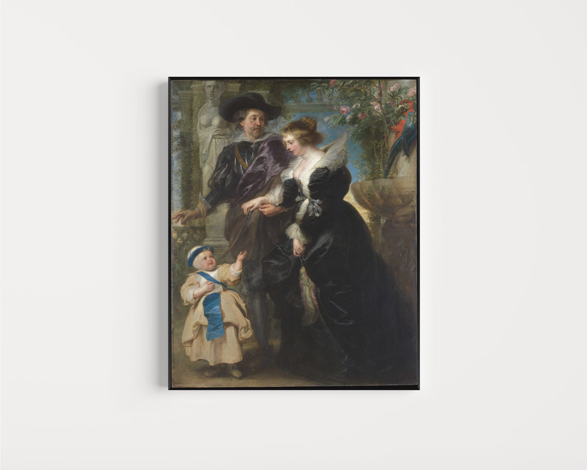 Framed art print of Rubens, Helena Fourment, and Their Son Frans by Peter Paul Rubens, in a slim black frame on a plain white wall