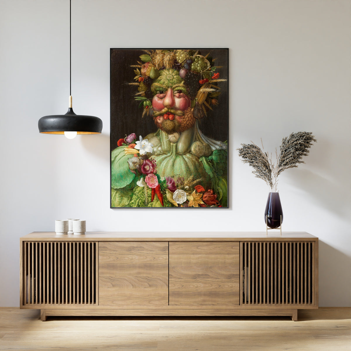 Framed art print of Rudolf II of Habsburg or Vertumnus by Giuseppe Arcimboldo, above a slatted wood sideboard