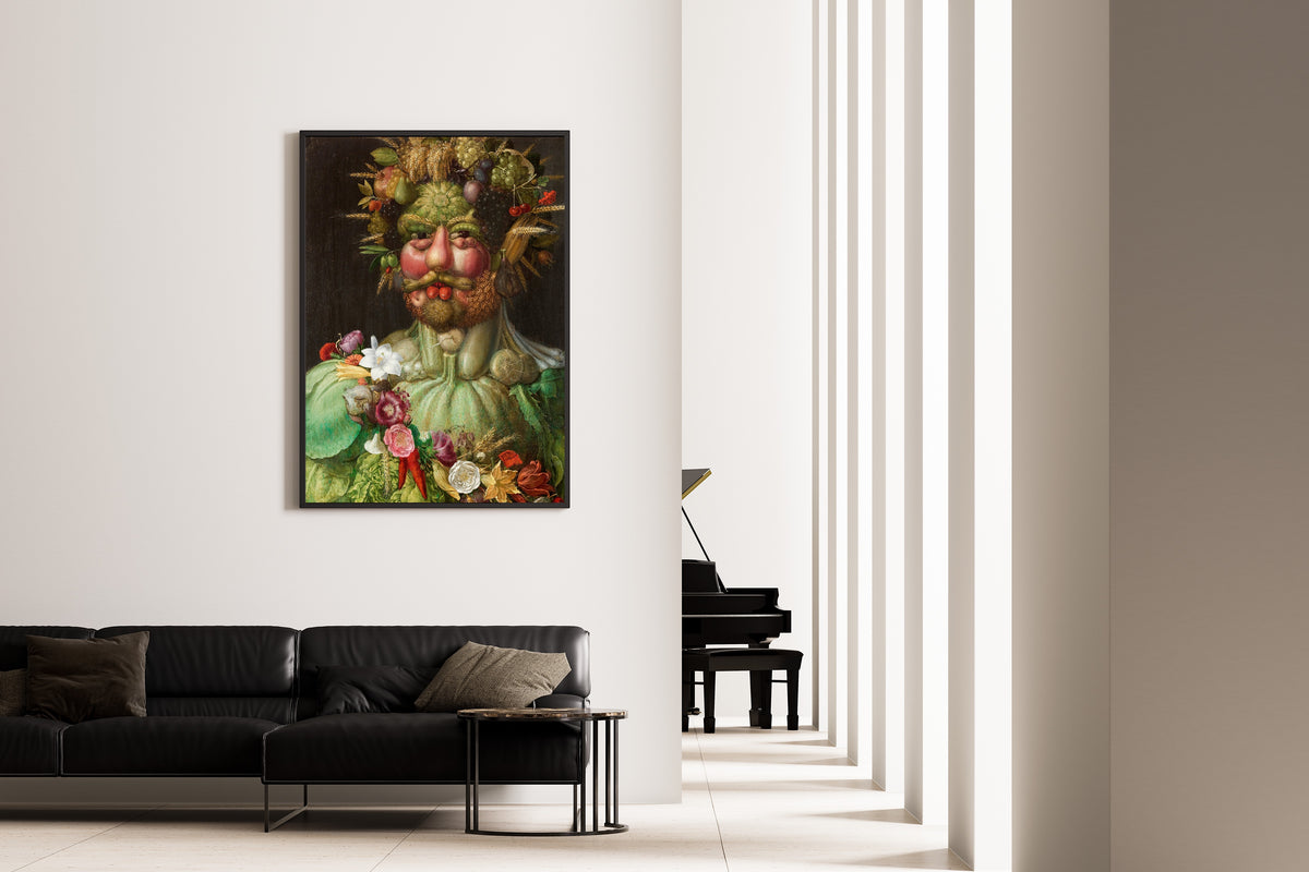 Framed art print of Rudolf II of Habsburg or Vertumnus by Giuseppe Arcimboldo, on the wall of a minimal living room