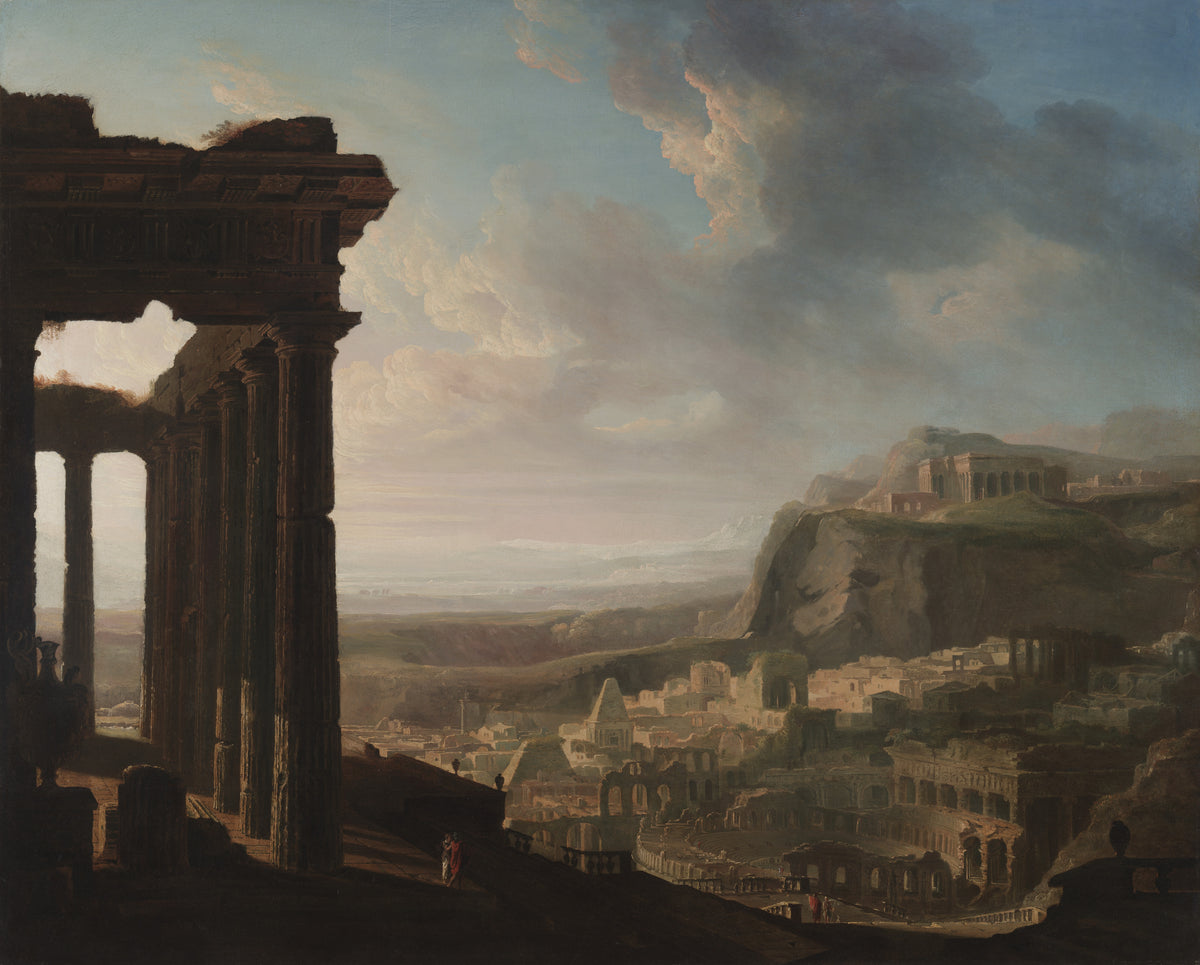 Ruins of an Ancient City by John Martin — A shadowed colonnade looks down on a ruined city under high clouds