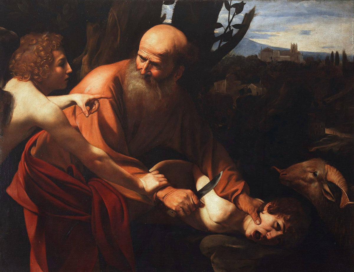 Sacrifice of Isaac by Caravaggio — An angel seizes an old man's wrist as he holds a boy down with a knife