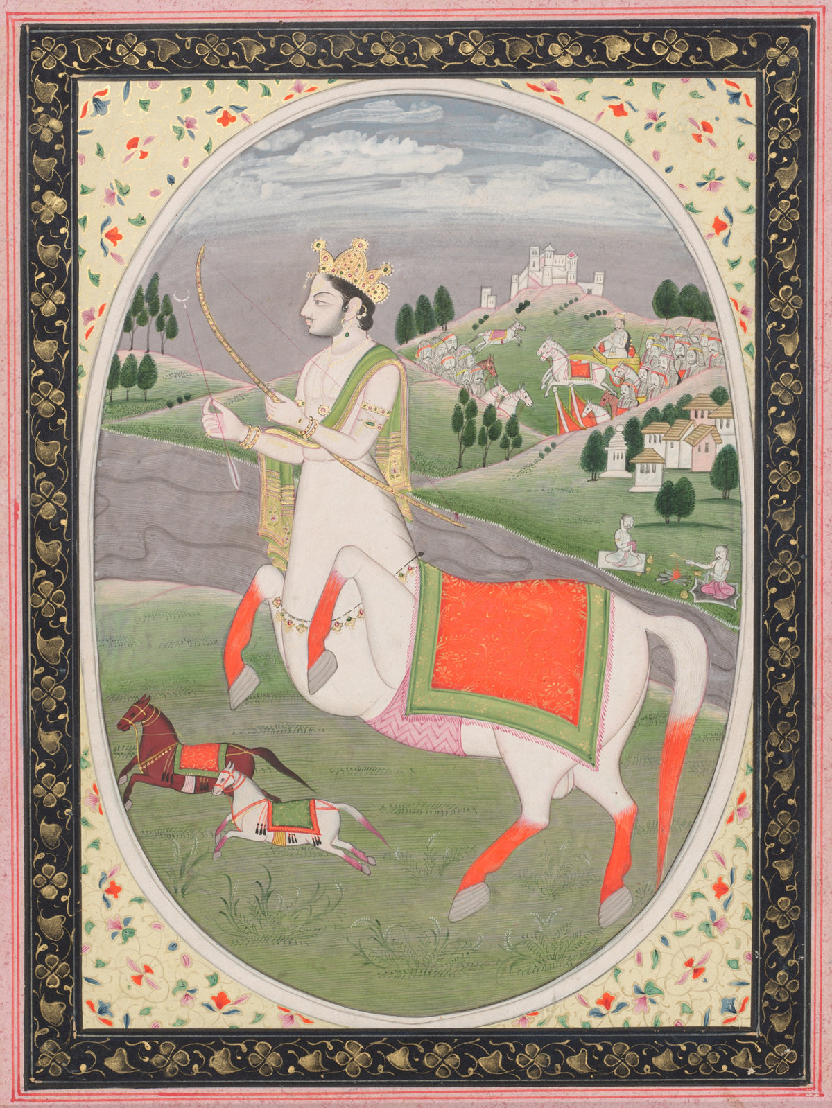 Sagittarius by Pahari school — A crowned centaur with a bow strides across a green hillside