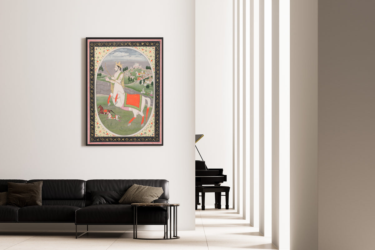 Framed art print of Sagittarius by Pahari school, on the wall of a minimal living room